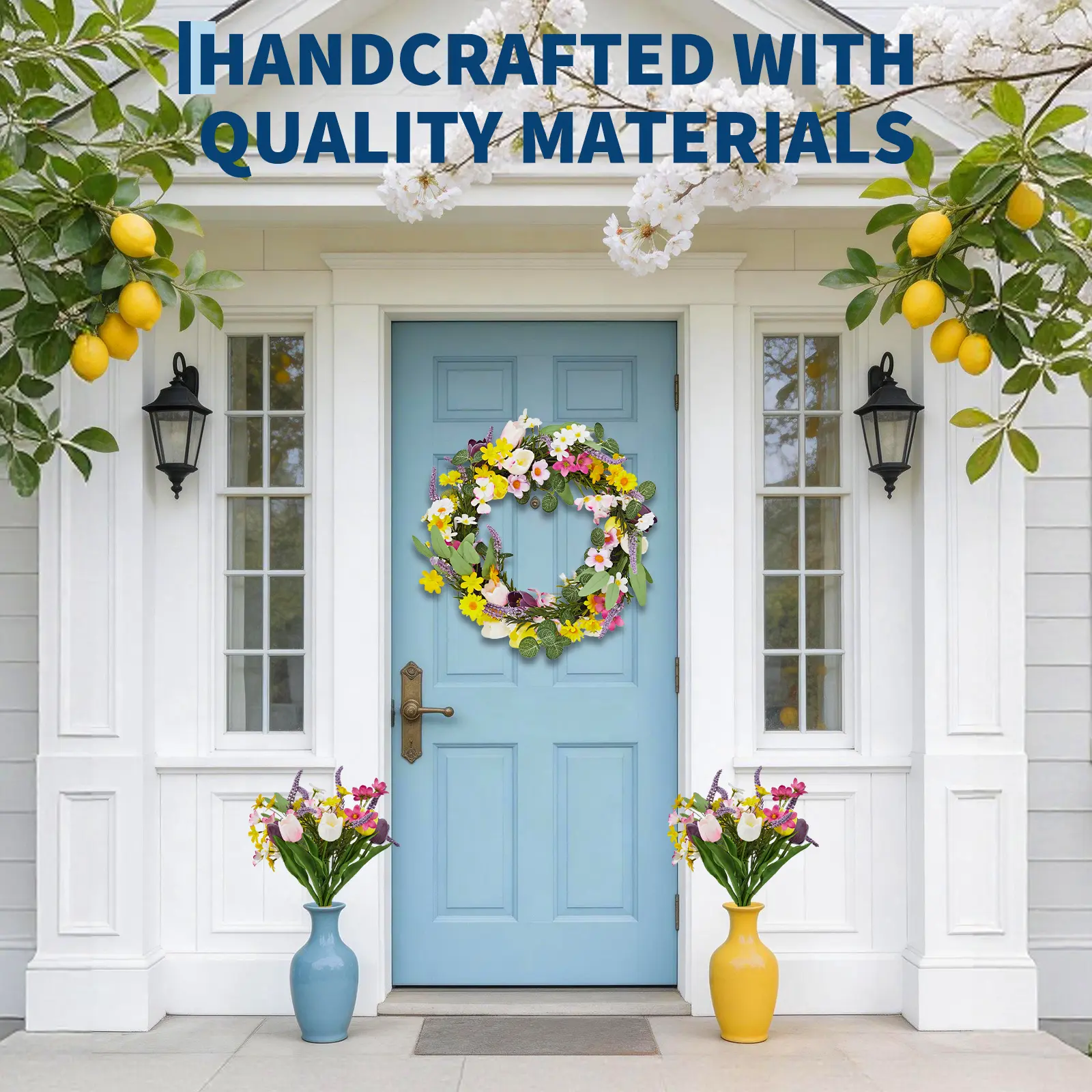 Gaomon 18-24 Inch Rattan Base Tulip Lavender Easter Flower Wreath Set, Nature-Infused Decoration with Eggs and Greenery, Hanging Home Festive Decor for Front Door, Wall, Porch (All-Season Indoor-Outdoor Use)