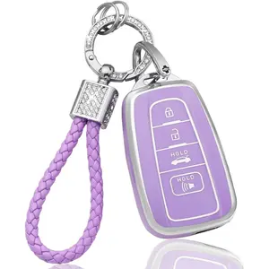 Key Fob Cover For Toyota With Bling Keychain-Purple Car Key Case Shell Protector For Highlander, Corolla, Pirus, RAV4, Camry, 4Runner, C-HR, Avalon - 4 Button Accessories - Girly Women TPU