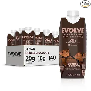 Evolve Plant Based Protein Shake, Double Chocolate, 20g Vegan Protein, Dairy Free, No Artificial Sweeteners, Non-GMO, 10g Fiber, 11 Fl Oz (Pack of 12) - (Formula May Vary) Beverage Energy
