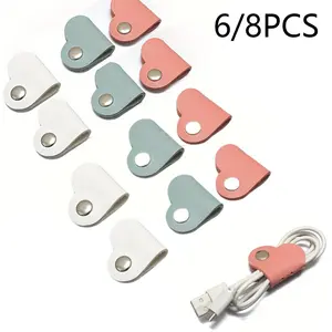 Heart-Shaped Cable Ties, Earphone Stand, Wire Organizer, Cord Organizer, Headset Winder, Desk Cable Organizer, PU Leather, Unisex, Random Colors, 6/8pcs