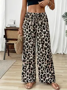 2026 Summer Leopard Print Wide Leg Pants for Women, Boho Casual Bottoms, High Waist Drawstring Loose Palazzo Trousers, Casual Boho Beach Vacation Lounge Pants, Plus Size Elastic Waist for Daily Wear Outfit