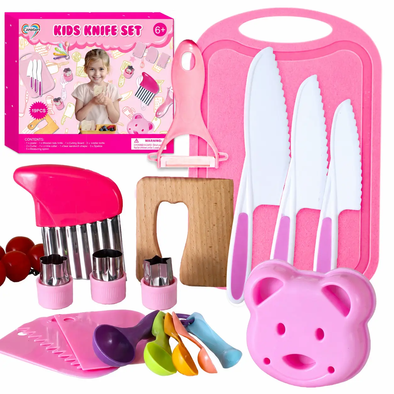 CAROLART 29-Piece Kids Kitchen Playset - Safe Miniature Cooking Set for 6+ Years Old, Montessori Pretend Play Toys with Play Kitchen Accessories, Knives, Crinkle Cutter, Cutting Board