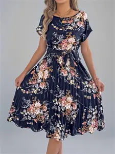 Bohemian Floral Print Beach Dress for Summer, Ruffled Sleeves with Pleated Hem, Tie Neck A-line Casual Maxi Dress