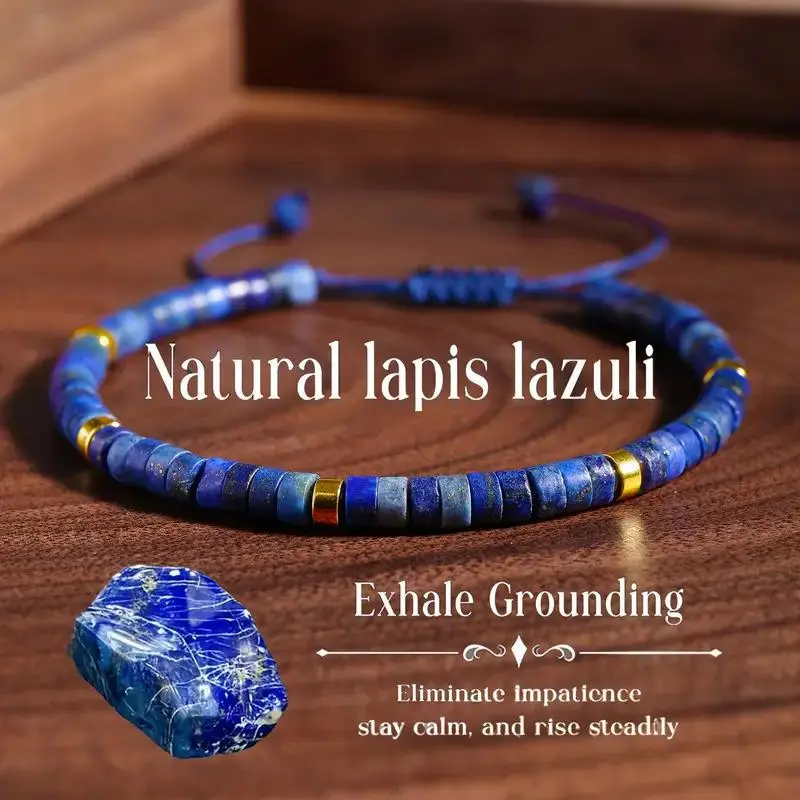 1 Piece Unisex Natural Lapis Lazuli Beaded Bracelet, Adjustable Grounding Healing Crystal Jewelry with Gold Tone Accents for Everyday, Meditation & Spiritual Gifts