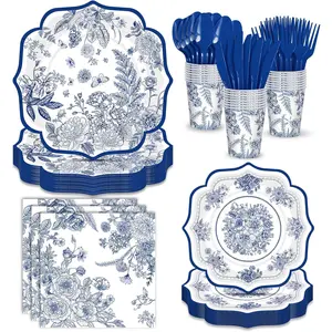 168 Pcs Blue and White Plates Serve 24 Guests Vintage Blue Floral Plates and Napkins Party Supplies Toile Paper Disposable Dinnerware Sets for Tea Party Birthday Bridal Shower