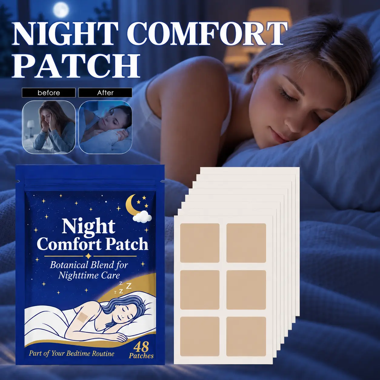 Night Comfort Sleep Patches, 48 Count Botanical Blend with Lavender & Menthol, Easy-to-Apply Adhesive Patches for Bedtime Routine