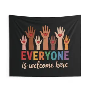 EVERYONE Is Welcome Here Indoor Wall Tapestry, Raised Hands in Skin Tones, Rainbow Text, Unity & Inclusion Decor for School, Bulletin Board