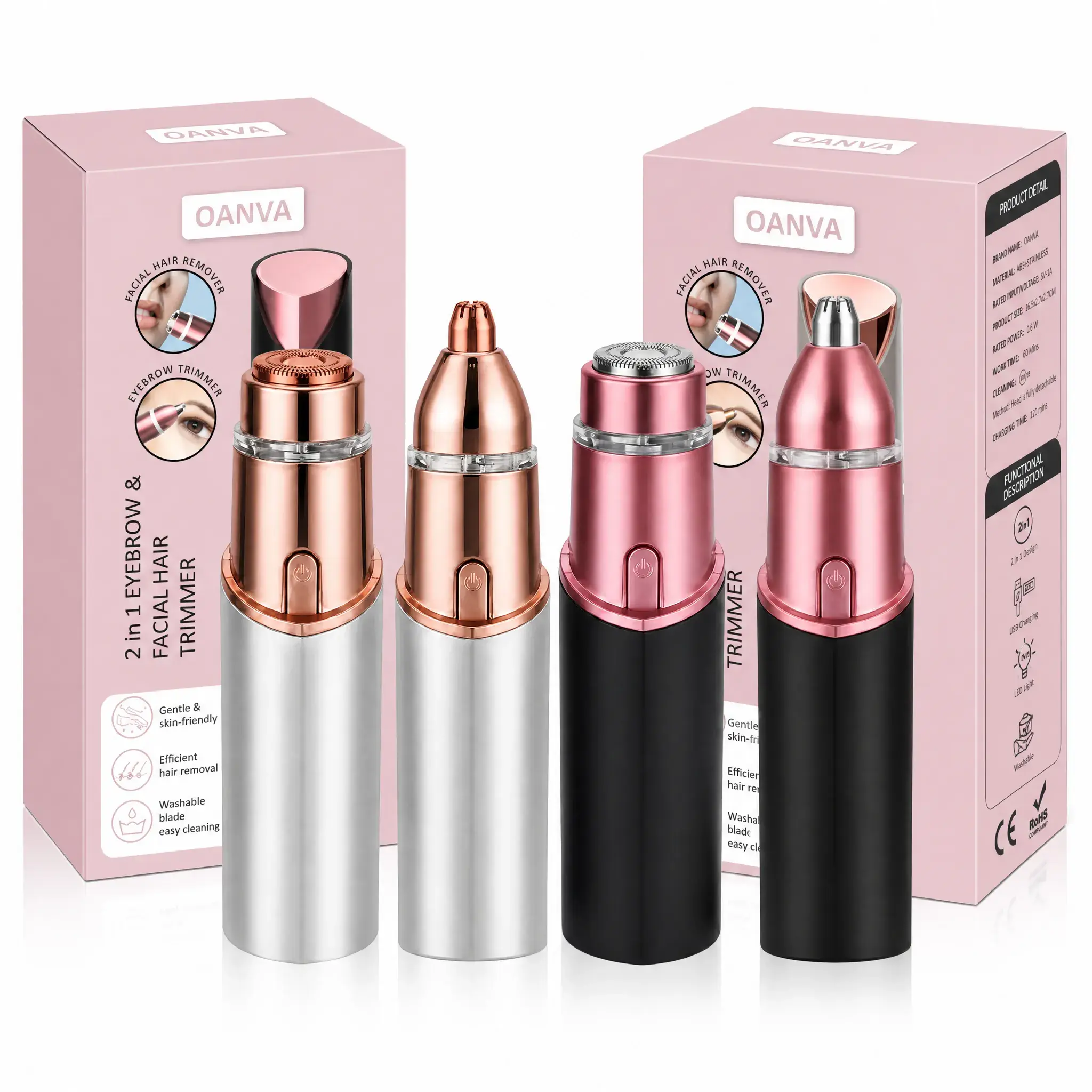 OANVA Women's Compact 2-in-1 USB Rechargeable Face Trimmer - Eyebrow Shaper with Precision Trim, Hypoallergenic Painless Grooming Tool, LED Light, Nose Hair Function, Discreet Look for Facial Areas, Includes Batteries