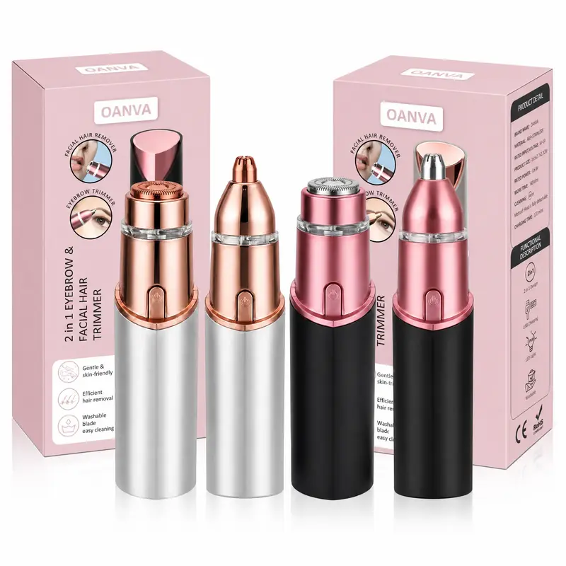 OANVA Women's Compact 2-in-1 USB Rechargeable Face Trimmer - Eyebrow Shaper with Precision Trim, Hypoallergenic Painless Grooming Tool, LED Light, Nose Hair Function, Discreet Look for Facial Areas, Includes Batteries