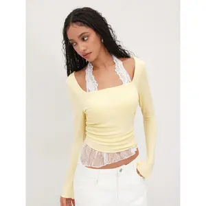 Cider Halter Neckline Asymmetrical Ruched Lace Trim Top