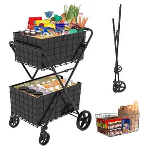 Jumbo Shopping Cart,2 Layers Grocery  Double Basket and 360° Rolling Swivel Wheels for Groceries LaundryCart on Wheels, Foldable Utility Shopping Carts with