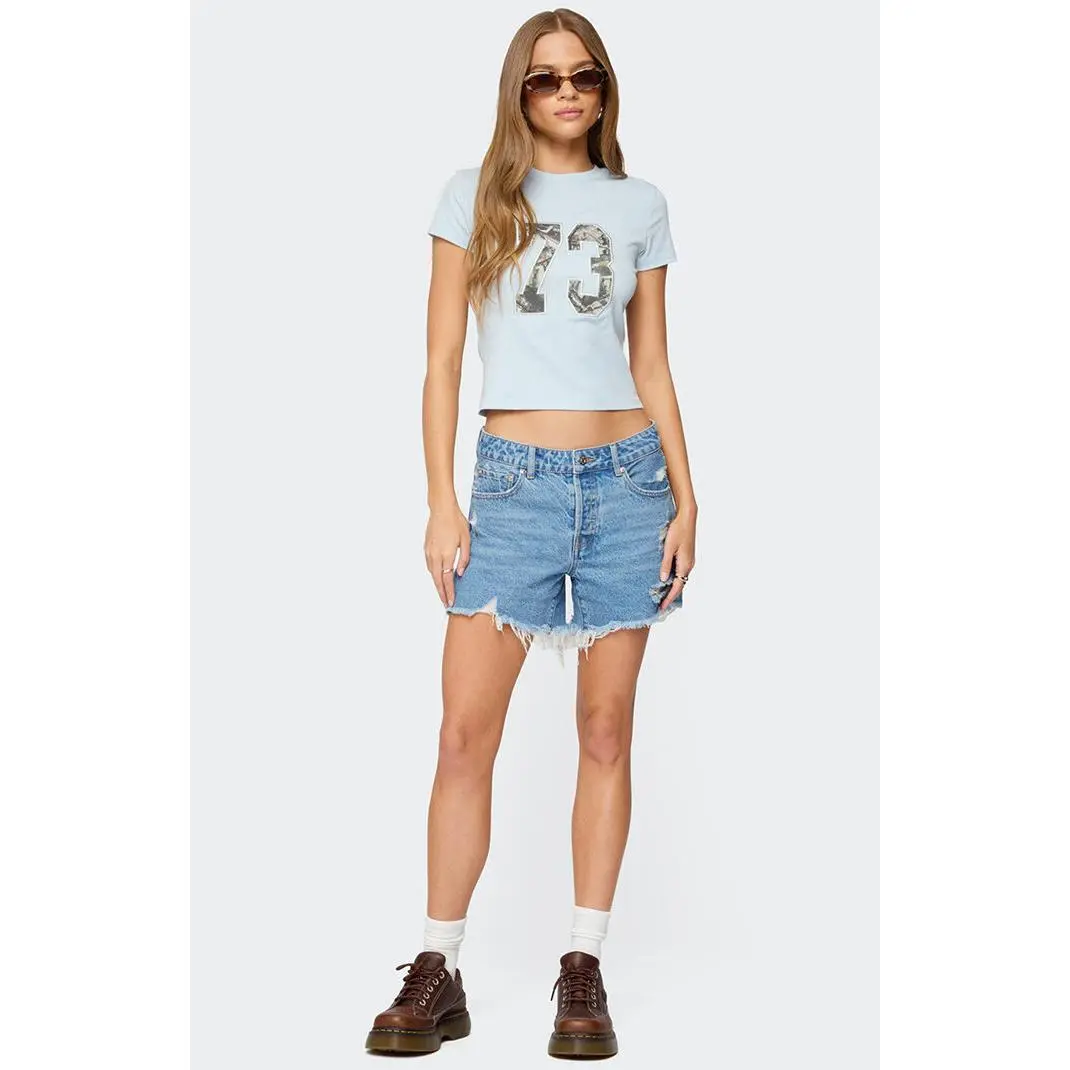 Edikted Women's Cale Distressed Low Rise Denim Shorts