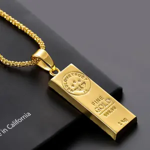 Yellow Gold Plated Hip Hop Gold Bar Bullion Pendant Collar Chains Necklace for Women Men Friends Couple Gift Fashion Jewelry