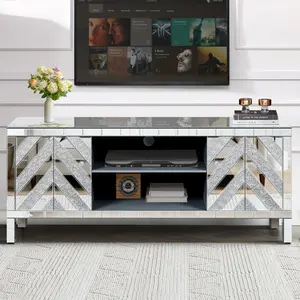 Mirrored TV Stand for 65+ Inch TVs, 59''W x 25.2''H x 15.7''D Silver Console Table with Open Storage & 2 Cabinets, M-Shape Sparkling Mirror Doors for Living Room