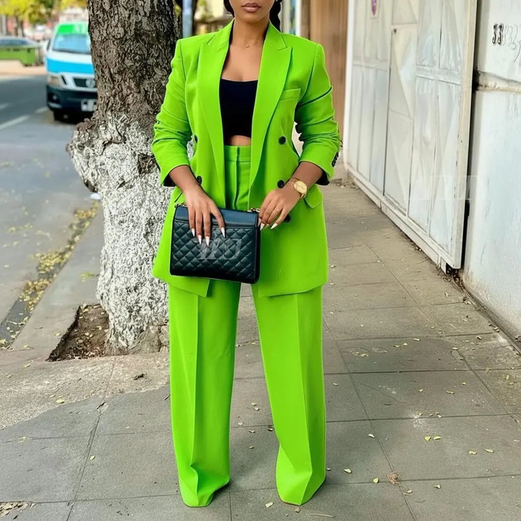 Elegant Women's Double Breasted Peak Lapel Blazer and Pleated Trouser Pants 2pc Suit