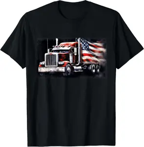 100%cotton US American Flag Semi Truck Driver Trucker T-Shirt tshirt  business  Top plain  tops