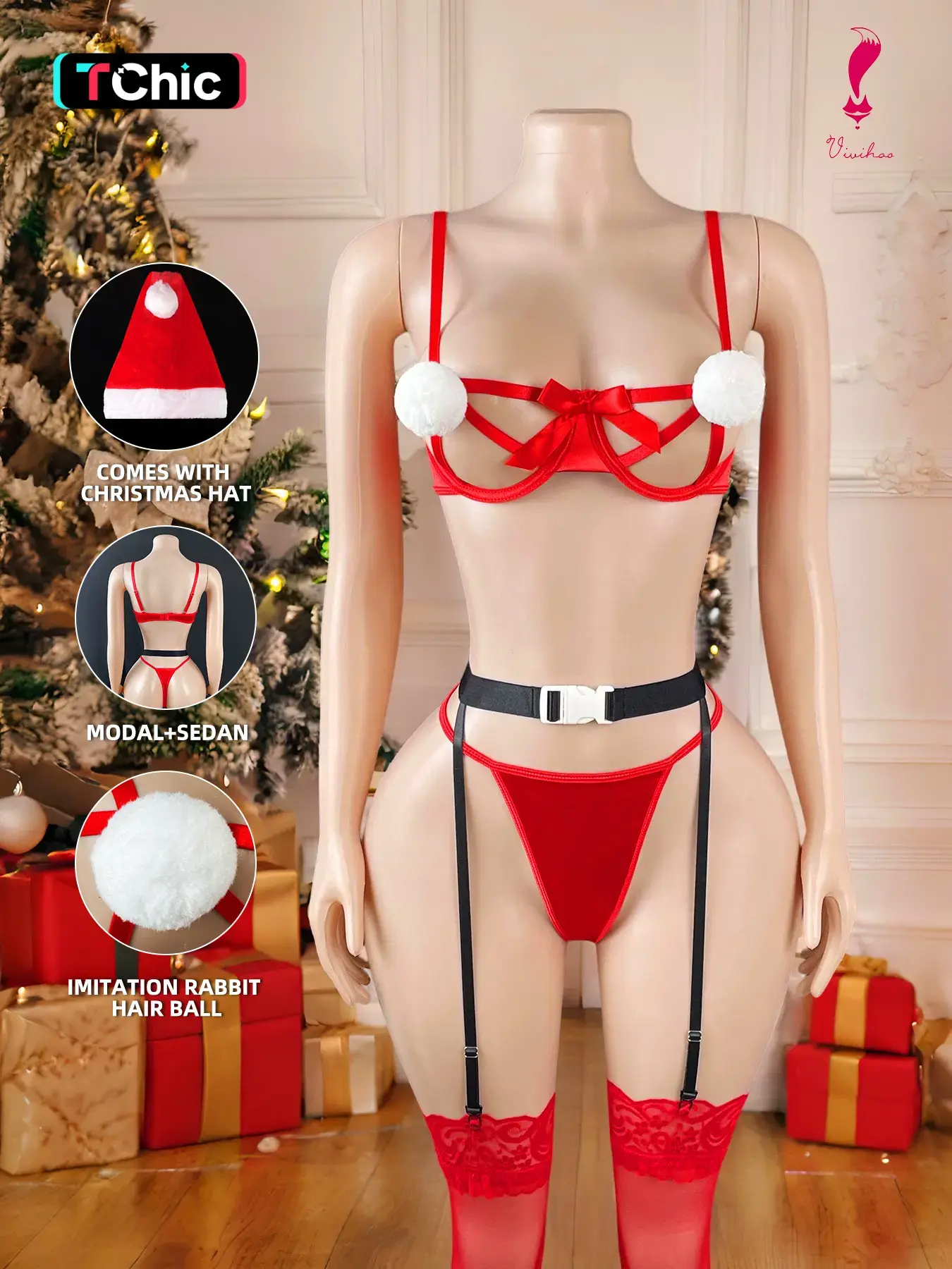 Women's Christmas Lingerie Set 6-Piece with Santa Hat, Anti-Furry Ball Design, Soft Comfortable Fabric, Perfect for Intimate Moments, Casual Comfy Lingerie