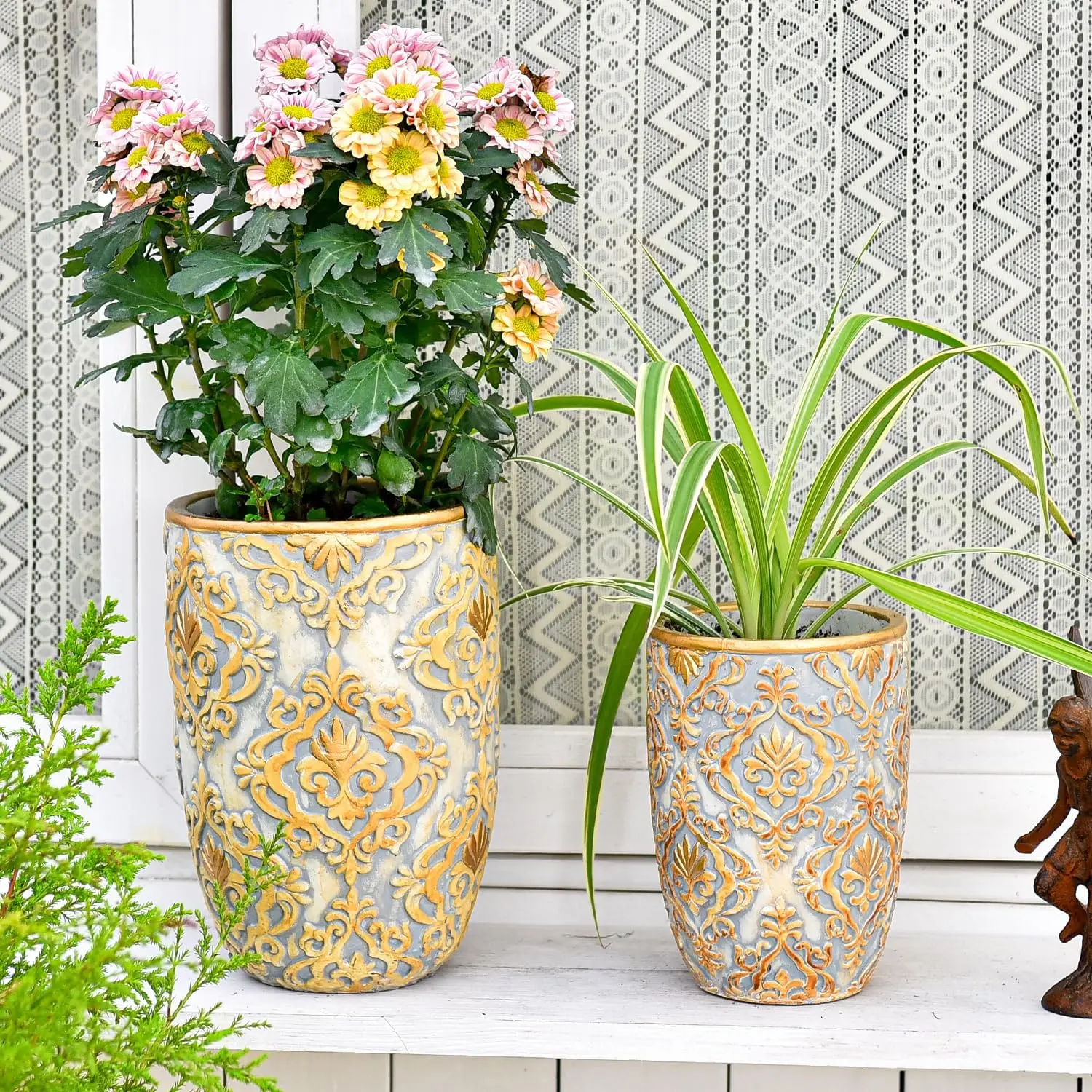 Cement Planter Succulent Pots, Set of 2 Concrete Cactus  Pot with Drainage Hole, Embossed Design Flower Pot for  Office Decor, 4.9 Inch & 6.1 Inch Indoor Outdoor  Container