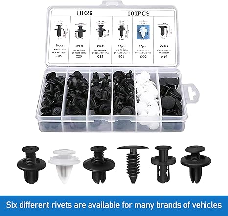 100 PCS Bumper Push Fasteners Rivet Clip Kit, ABS Retainer Expansion Screws with Removal Tool, 6 Popular Sizes Fenders/Body Fixing Clips, Universal for Most Cars, Trucks, SUVs (Black&White)