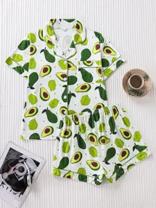 Women's Avocado Full-Print Sleepwear Set, Matching Pajama Set, Loungewear, Pjs, Premium Silk Satin Fabric, Smooth Comfortable Loose Fit, Short Sleeve Top and Shorts