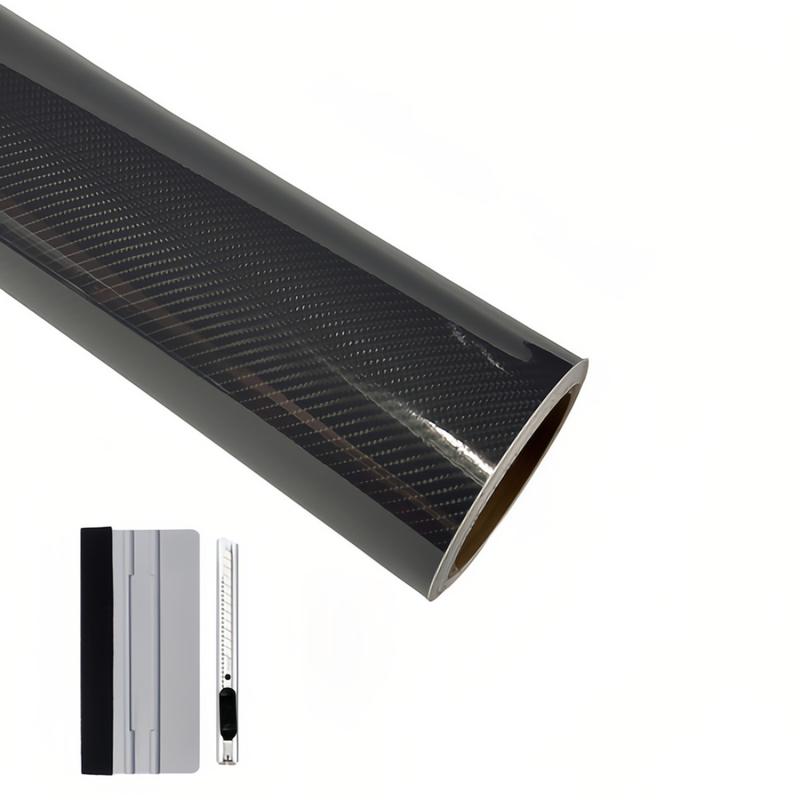 7D Carbon Fiber 5FT x 0.7 FT Vinyl Wraps with Cutter and Hand Tool Kit, Car DIY Wrap Vinyl Roll Film Self-Adhesive Twill Weave Sheet Sticker Air Release Technology, Car Internal and External Decoration Accessories 60 x 8 inch