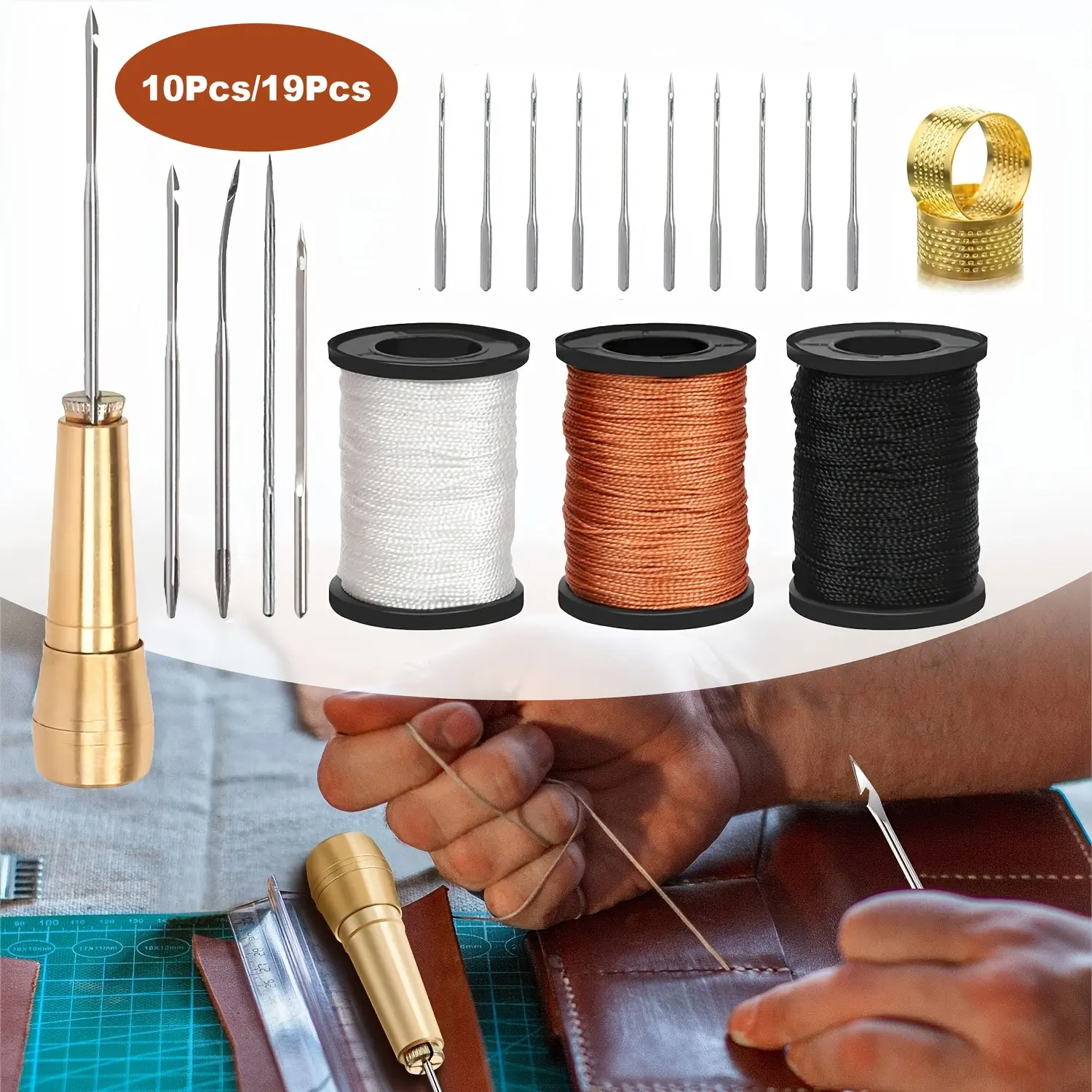 10Pcs/19Pcs Canvas Leather Repair Tool Kit - Included Sewing Awl Needle, Copper Handle, Nylon Cord Thread and Thimble for Handmade Leather Sewing Tools Shoe and Leather Repair Seamless Stitching Sewing Accessories and Supplies Crafts