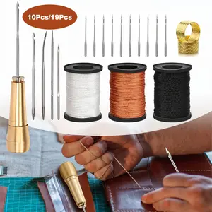 10Pcs/19Pcs Canvas Leather Repair Tool Kit - Included Sewing Awl Needle, Copper Handle, Nylon Cord Thread and Thimble for Handmade Leather Sewing Tools Shoe and Leather Repair Seamless Stitching Sewing Supplies Crafts