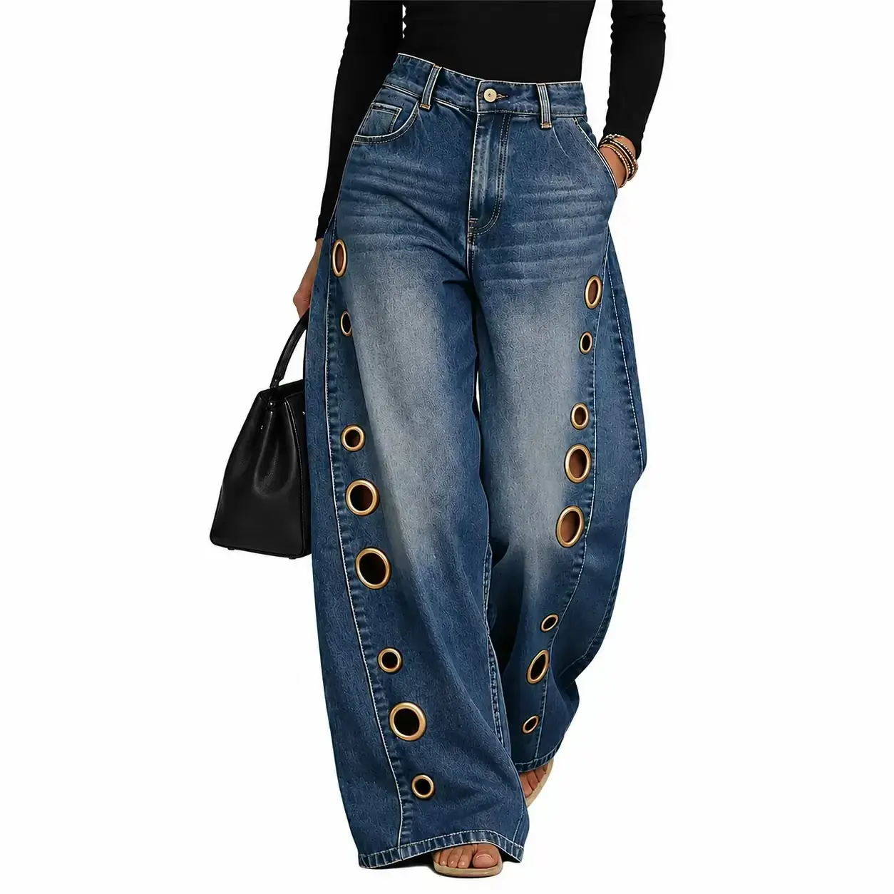 Women's Fashion Hollow-Out Wide Leg Jeans – High Waisted Loose Fit Denim Pants with Metal Eyelet Detail, Trendy Streetwear Y2K Baggy Jeans