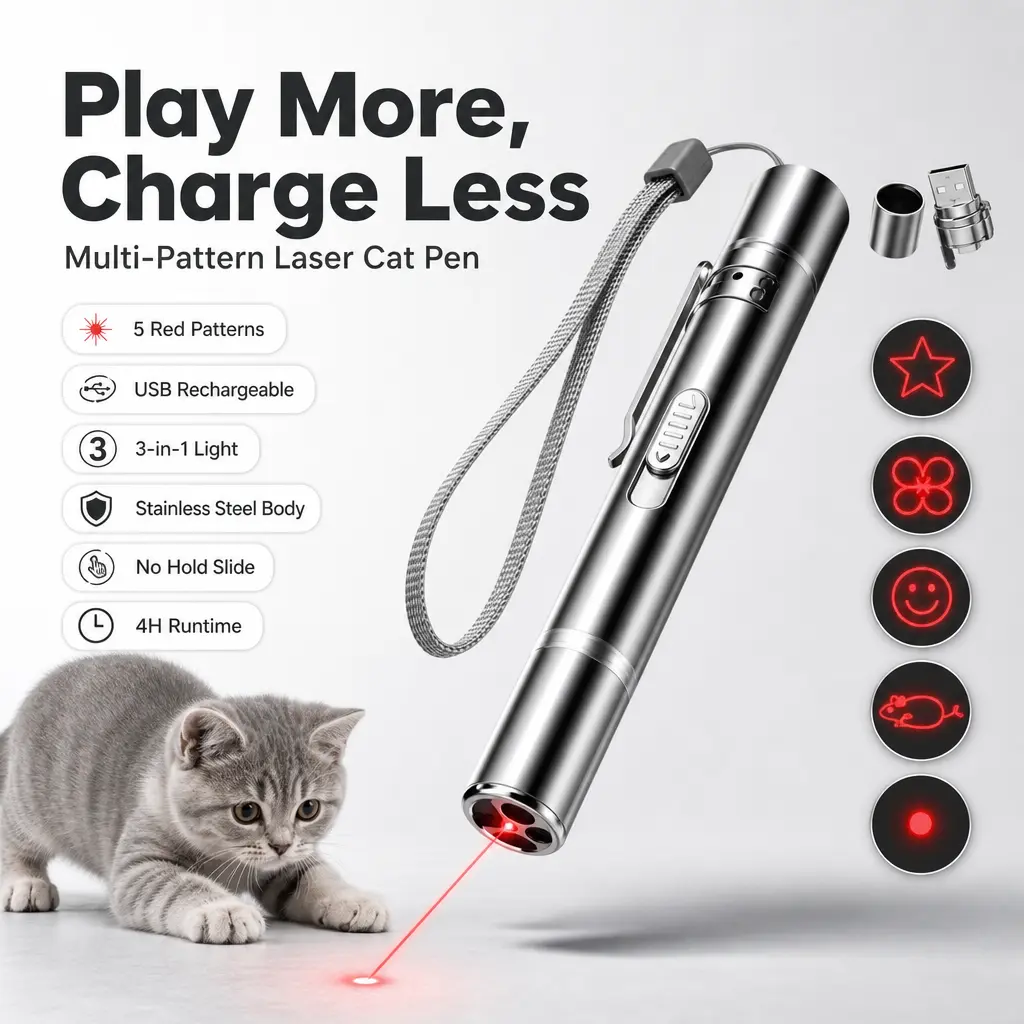 Red Dot Laser Pointer Cat Toy - Handheld Laser Pen, USB Rechargeable, 5-Mode Long-Range, Stainless Steel Sliding Switch, Mini Size, Multi-Modes Interactive Pet Toy for Indoor Play