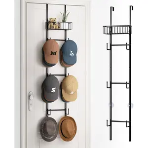 Over Door Hat Rack - Wall Mounted Hat Organizer with 6 Hooks and Metal Basket Design, Baseball Cap Organizer Storage Holder Up to 32 Caps for Door, Bedroom, Closet (Black)