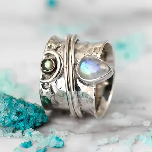 2pcs Moon Ring, Labradorite Moonstone Ring, Star and Moon Ring, Moonstone Ring, Fidget Spinner Ring, Meditation Anxiety Ring, Boho Jewelry