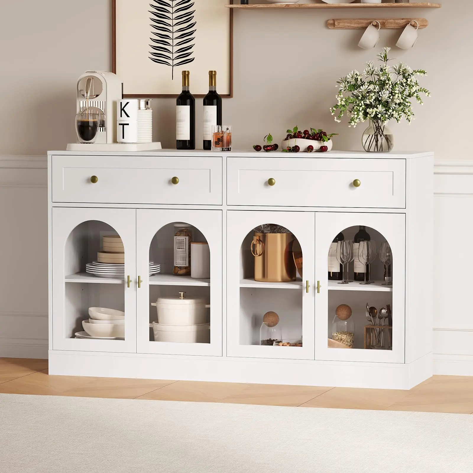 Garvee 55'' Sideboard Buffet Cabinet with 4 Acrylic Doors, Modern Farmhouse Buffet Storage Cabinet with 2 Drawers, Wooden Coffee Bar for Kitchen, Living Room, Dining Room, Entryway, White