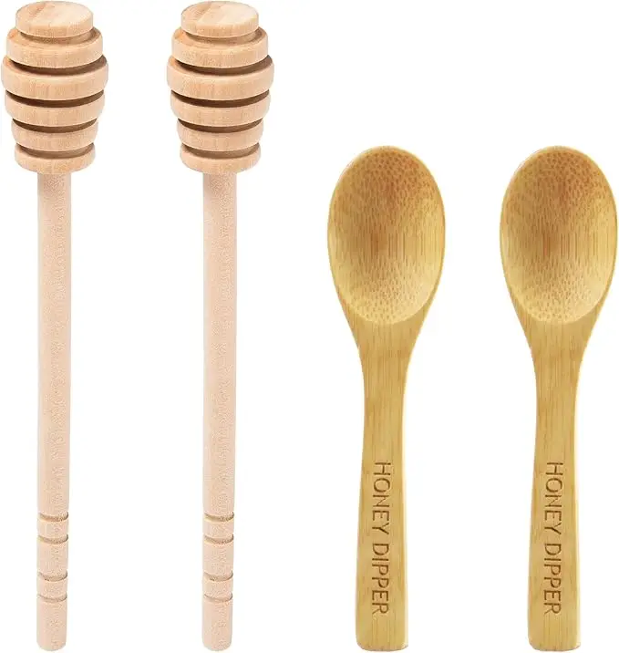 4Pcs 6.3-Inch Wooden Mini Honey Mixing Stirrer Spoons - Comb-Style Kitchen Utensils for Drizzling, Honey Jar Dispensing, Wedding Parties