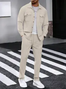 Men's Plain Button Front Top & Straight Leg Pants Two-piece Set, Regular Fit Long Sleeve Top & Trousers for Daily Wear, Casual Comfy Men's Two-piece Outfits for Spring & Fall, Menswear