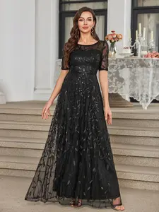 Elegant Embroidered Leaf Dress, Small Round Neck Party Gown, Shiny Sequins, Flowy Evening Wear, Perfect for Weddings & Events