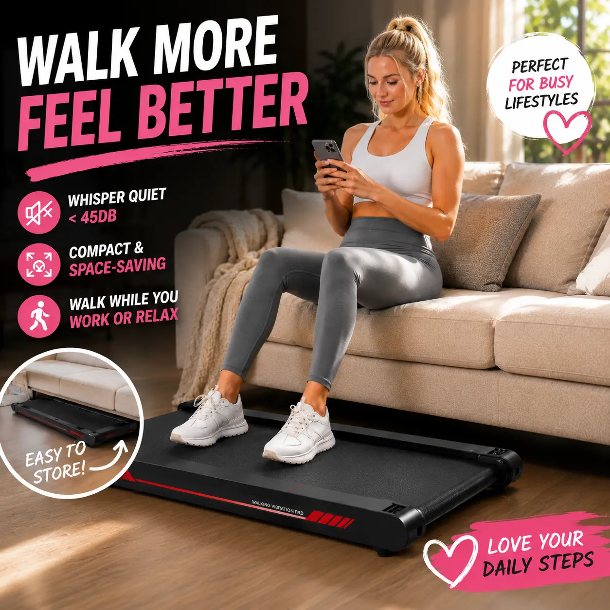 3-in-1 Black Walking Pad Treadmill, Walking Vibration Pad, Lightweight with Low-Noise Motor, High Capacity, LED Display & Remote Control