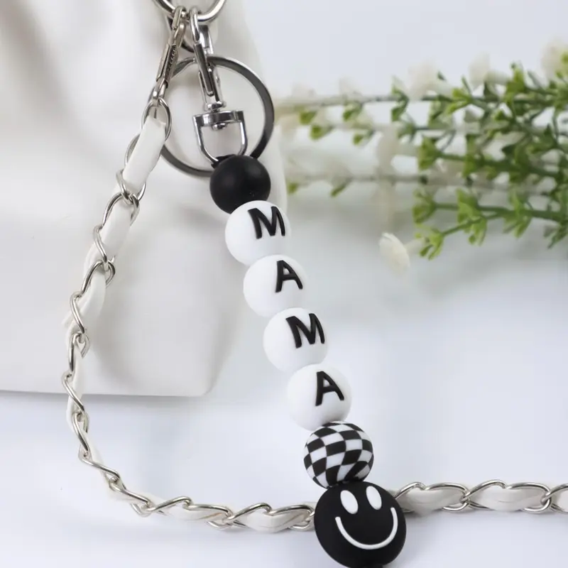 Letter Pattern Silicone Beaded Keychain, Cute Smile Face Beaded Keychain for Car Keys, Keychains Cute, Trendy Keychain, Stylish Keychain, Keyrings