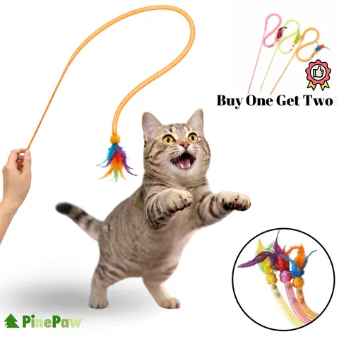 Interactive Cat Teaser Wand Toy - Wand+2 Play Set, 2x Feather Fun, Flashing Light, Natural Bird Feather Ball, Durable, Safe, One Size, Indoor Cat Hunting Stimulation, Entertainment (Buy 1 Get 2)