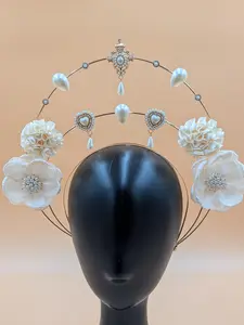 Beige Bridal Halo Crown, Double Ring, Gold Headband, Handmade