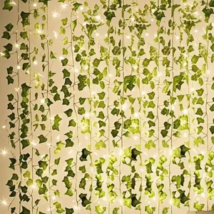12 Pack Artificial Ivy Garland with 80 LED String Lights, Fake Hanging Plants for Home Decor, Green Vine Garland for Bedroom Garden Wedding, CE Certified Waterproof Indoor Outdoor Decoration