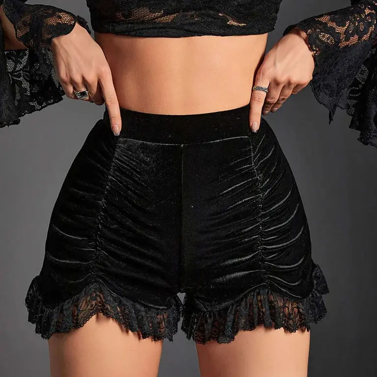 RETRO STAGE Women's Black 1970s Vibe Sweet Lace-Embellished Solid Velvet Pleated Above-Knee Mini Shorts for Women - Medium Stretch 95% Polyester 5% Elastane Fabric, Fall Fashion Womenswear Bottoms, Dry in Shade