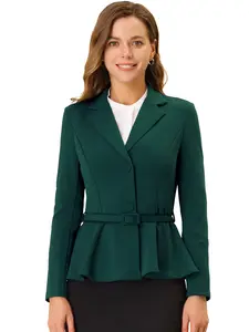 INSPIRE CHIC Vintage Blazer for Women's Ruffle Hem Belted Notched Lapel Office Work Blazers
