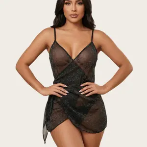 Women's 2-Piece Lingerie Set - V-Neck Sheer Spaghetti Strap Slip Dress with Thong, Adjustable Straps, Tummy-Hiding Natural Draped Waist, Sparkly Silky Nightwear, Kimono Cross-Wrap Style, Casual Elegance Fit, All-Season Wear for Anniversary Gift, Seamless,