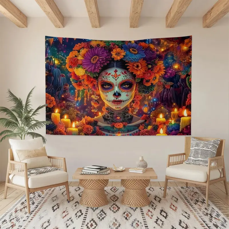 Floral Catrina Day of the Dead Tapestry, Colorful Sugar Skull Wall ...