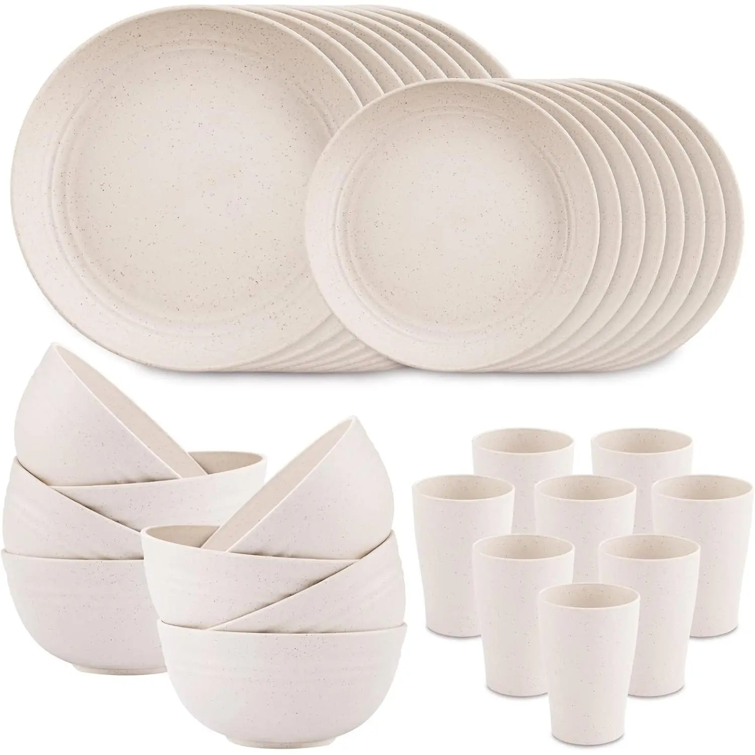 Wheat Straw Dinnerware Sets for 8,Microwave Dishwasher Safe,Unbreakable Dinnerware, Tableware Set,Beige Set 16 count Plates, 8 count Bowls, 8 count Cups.