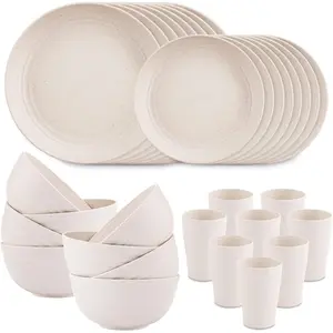 Wheat Straw Dinnerware Sets for 8,Microwave Dishwasher Safe,Unbreakable Dinnerware, Tableware Set,Beige Set 16 count Plates, 8 count Bowls, 8 count Cups.
