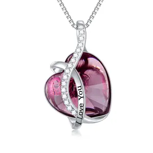 Heart Necklace with Crystal,925 Sterling Silver Necklace Engraved with "I Love You", Mother's Day Gift, Anniversary Birthday Jewelry Gifts for Women