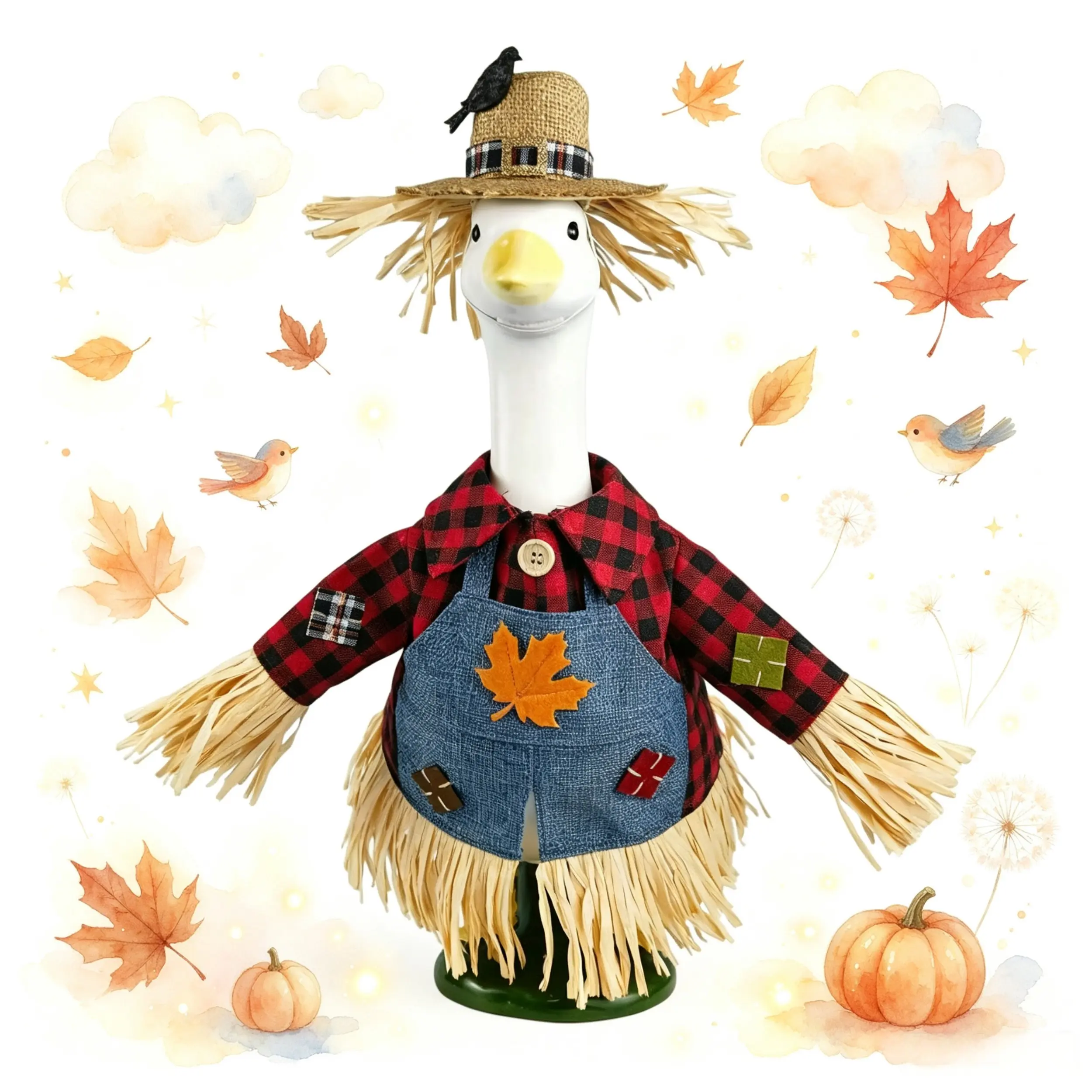 17/23 Inch Autumn Scarecrow Porch Goose Costume, Plaid Shirt Denim Overalls Straw Hat Outfit for Lawn Goose Figurine, Harvest Thanksgiving Outdoor Patio Decoration, Goose Not Included