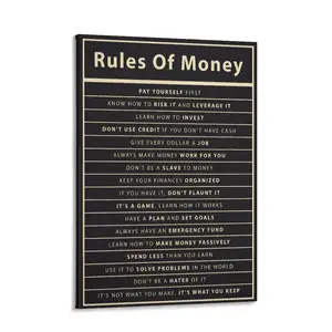 investor  art Rules Of Money Canvas  Art, living room bedroom wall decor，Financial Motivation Poster, Black Gold Typography Canvas Print, Modern Office Decor for Entrepreneurs Home Office Bedroom wavelo Wall