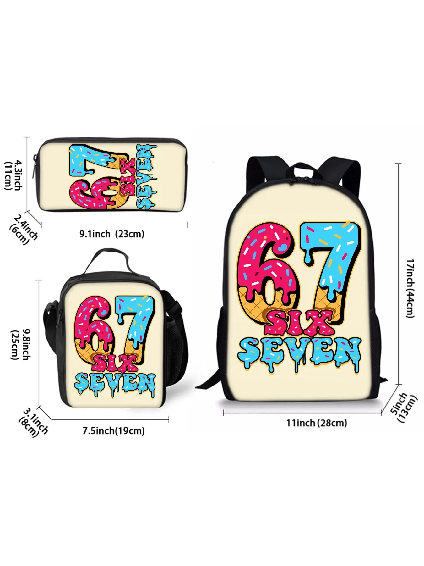 Sweet Donut 67 Printed School Backpack 3-Piece Set Includes Lunch Bag and Pen Case